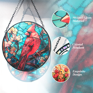 Attrape-soleil Art Déco personnalisé en vitrail, motif cardinaux, avec chaîne métallique, oiseau rouge, décoration suspendue pour fenêtre, 20 cm - Product Image 2