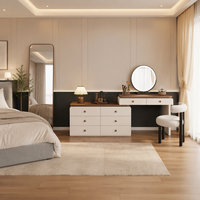 Meuble-lavabo moderne en forme de L avec plateau en noyer |   Miroir LED rond à 6+2 tiroirs et chaise Boucle (bois massif multicouche)