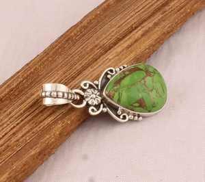 Solide 925 Sterling Silver Boho Floral Teardrop Pendentif Fait À La Main Femmes Vert Cuivre Turquoise Collier Rhodium Fine Pendentifs - Product Image 2