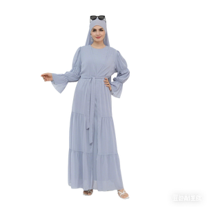 Abaya Modesta Semitransparente Azul Polvoriento con Volantes en Capas, Vestido Maxi con Hiyab a Juego, 100% Poliéster, Manga Larga, Ropa Islámica para Primavera/Verano - Product Image 2