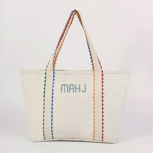 Bolsa Tote de Gran Capacidad, Diseño Bright Side, Colorida, con Ribete <span class=keywords><strong>Ric</strong></span> Rac, en Color Natural con Ribete Arcoíris, Bolsa de Hombro para Compras - Product Image 2