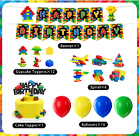 Décorations de fête d'anniversaire sur le thème des blocs de construction : Assiettes en papier (dîner/dessert), Gobelets, Serviettes, Nappe, Couverts, Décorations pour cupcakes, Drapeaux, Spirales
