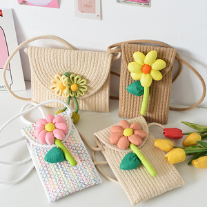 Cute Woven Flower Crossbody Bag 7 Inch Magnetic Buckle Portable Summer Beach Shoulder Bag For Women - Product Image 1