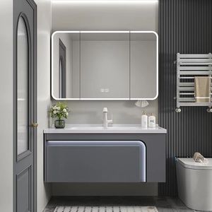 ตู้ห้องน้ำสีเทาเข้มสุดหรู ตู้กระจกอัจฉริยะพร้อมพื้นที่จัดเก็บ อ่างล้างหน้าสีขาวแบบติดผนัง - Product Image 2