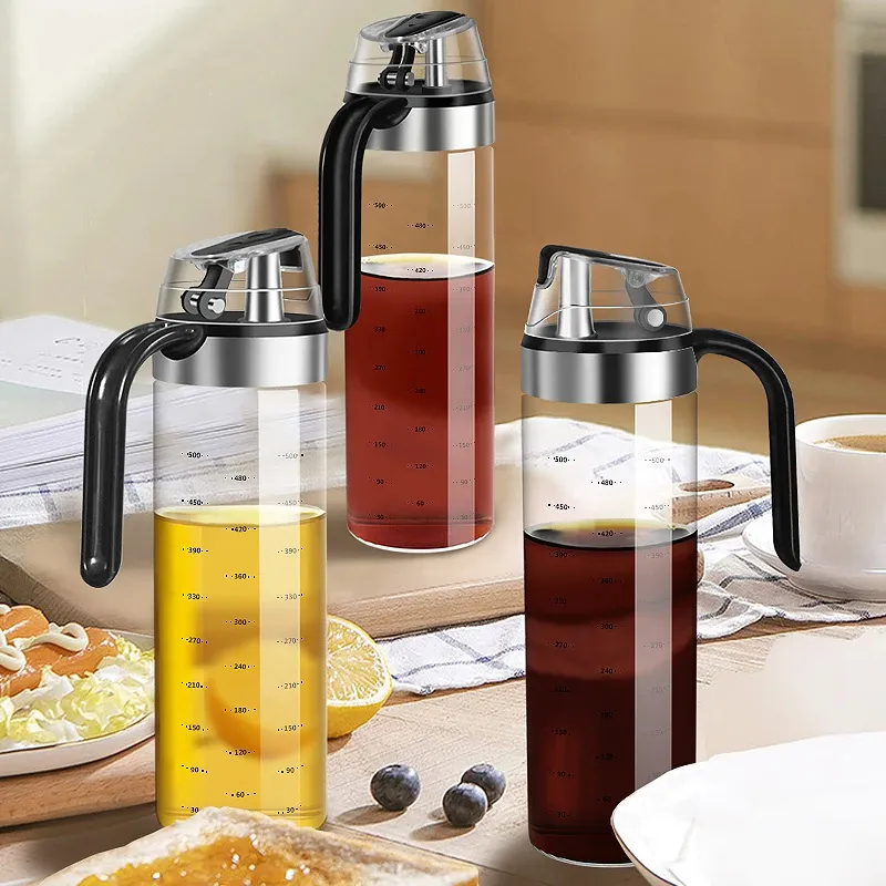 Olive Oil Dispenser Bottle Auto Flip Condiment Container Scale Mark Lead-Free Borosilicate Glass Kitchen Multifunction
