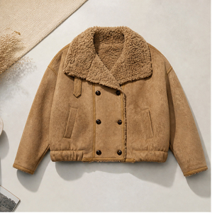 Vintage Lapel Faux Suede Short Coat, 30% Wool Composite Lining Thick Windproof Women Aviator <strong>Jacket</strong> - Product Image 2