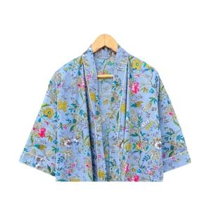 Sky Blue <b>Kimono</b> Robe Cotton Floral Hand Block Print Breathable Long Sleeve Nightwear & <b>Beach</b> Cover-Up for Women's Type - Product Image 2