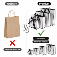 Sac de luxe personnalisé en papier blanc avec bordure noire, poignée en corde, ruban et nœud, sac cadeau à poignée torsadée, sac boutique à soufflets