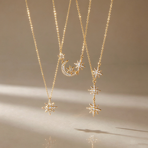 Bijoux J&D, pendentif étoile à huit branches en acier inoxydable plaqué or 18 carats, cristal blanc CZ, étoile lunaire, collier 316L, 304L, cadeaux pour femmes - Product Image 5