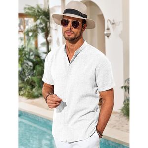 2025 Men's Casual Button-Down Short-Sleeve <b>Shirt</b> Banded Collar Linen with Floral Print for Beach or Summer Hippie <b>Tops</b> - Product Image 3
