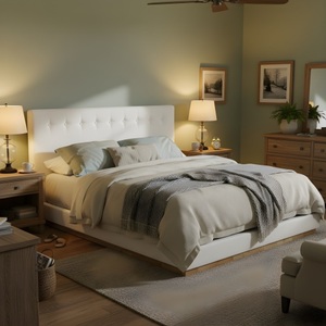 Adjustable <b>Convertible</b> Solid Rubber Wood King Platform <b>Bed</b> Upholstered Headboard Modern Tufted Design Sturdy Slat Support - Product Image 1