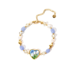 Fashion <b>Beaded</b> <b>Bracelet</b> 316L Stainless Steel PVD <b>Gold</b> Plating Heart Charm Blue Pearl Crystal Beads Women's Jewelry - Product Image 2