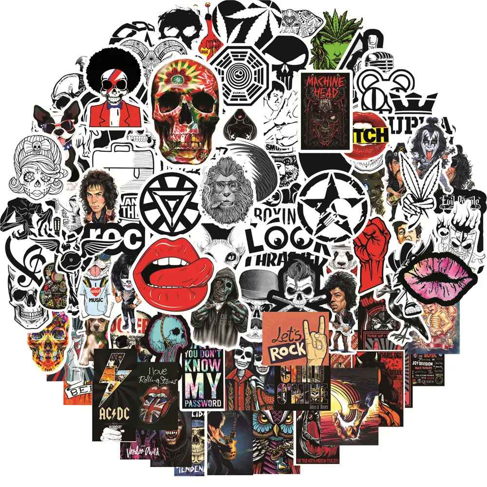 100PCS Waterproof Mixed Rock and Roll Music Stickers for notebook water guitar trolley