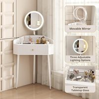 Bureau de maquillage d'angle blanc avec miroir LED rotatif et rétractable, petite table de maquillage moderne avec plateau en verre et tiroirs de rangement