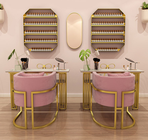 Contemporary <b>Pink</b> Nail Table With Marble Top And Gold Metal <b>Frame</b> For Manicure Salon Furniture - Product Image 2