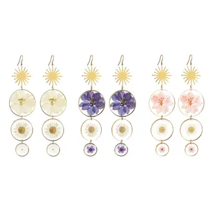 real dried pressed flower larkspur daisy gold plated fashion jewelry drop earrings women with stainless steel earring hook