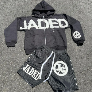 Parches bordados desgastados con logotipo personalizado, traje de Jogger de algodón 100%, sudaderas con capucha de gran tamaño, conjunto de pantalones cortos, chándales para hombres - Product Image 4