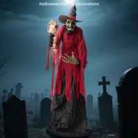 Décoration d'extérieur électrique pour parcs d'attractions : Grande sorcière à cape rouge de 25 m avec capteur infrarouge et crâne, idéale pour Halloween