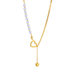 Heart Shape Pearl Chain Necklace Gold Asymmetrical Design Women's Everyday Wear - Product Image 5