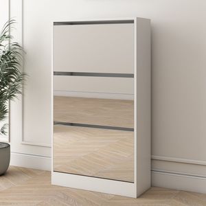 Armario estrecho de madera para guardar zapatos con espejo, organizador de zapatos delgado de 3 niveles, color blanco, para el hogar y muebles de apartamento. - Product Image 5