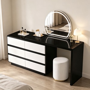 Coiffeuse moderne noire et blanche avec miroir LED rond, meuble de rangement et tabouret pour chambre à coucher - Product Image 3
