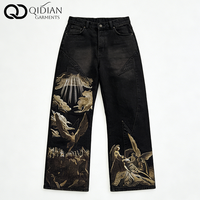 Jean large noir en denim respirant et écologique pour homme, brodé de nuages dorés, style streetwear artistique, collection automne