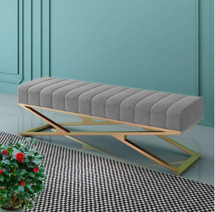 Modern Living Room Bench Stainless Steel Base Velvet Upholstered Fabric Ottoman Stool For Home Hotel Furniture