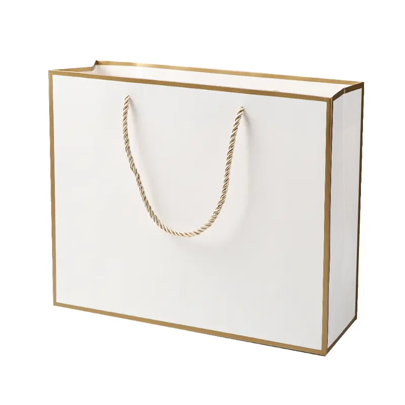 50 sacs en papier ivoire avec Logo personnalisé, avec cadre en or, emballage cadeau, sac pour le Shopping, vente en gros