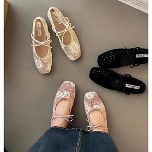 Nouvelles Ballerines Mary Jane d'été pour femmes, style féerique, à bout pointu, avec nœud floral, à lacets, semi-transparentes, légères - Product Image 1