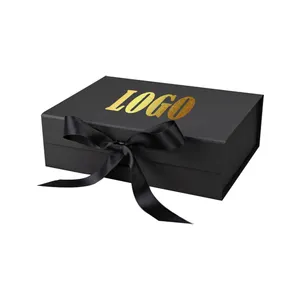 Cardboard Black Magnetic Folding Cosmetic Luxury Gift Clothing Box With Embossed Gold Foil Logo