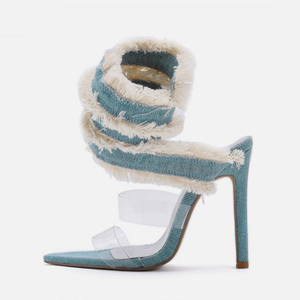 รองเท้าแตะแฟชั่น 2025 รุ่นใหม่ ผ้าเดนิมแบบพันรอบ รองเท้าผู้หญิง ฤดูร้อน ส้นสูง - Product Image 1