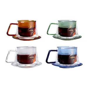 Double Wall Glass Coffee Mugs Colored borosilicate glass coffee cup Coffee Mugs set for Cappuccino Latte Americano