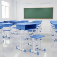 Ensemble bureau et chaise pour étudiants à hauteur réglable avec surface de travail en plastique et structure en métal pour salle de classe