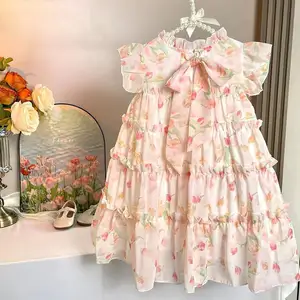 فستان صيفي للأطفال جديد للبيع بالجملة لعام 2024، فستان أميرات بلا أكمام مُزين بنقشة الزهور للطفل