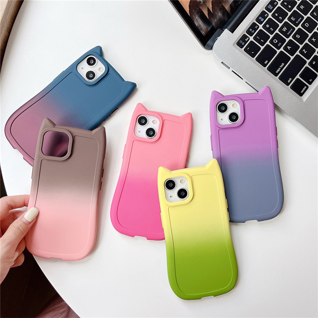 Gradient Color 3D Cat Ear Phone Case for iPhone 16 14 Plus 13 12 11 15 Pro Max Silicone Shockproof Cute Cartoon Protective Cover