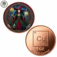 Pièce de monnaie en cuivre pur 999 de 1 once, imprimée en couleur 2D sur mesure, avec un design artistique fantastique représentant une sorcière magique avec un chaudron et un chat noir, objet de collection