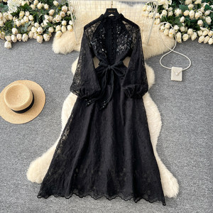 Elegante Abito in Chiffon con Ricami Floreali 3D e Vita Allacciata, Lussuoso Vestito da Sera Autunnale per Donna - Product Image 2