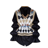 Ensemble 2 pièces pour femme : Gilet en maille Argyle style preppy vintage et chemise à manches lanternes – Nouveauté automne 2026 pour le quotidien