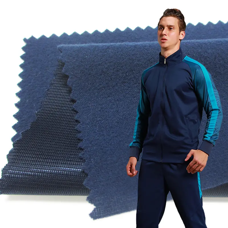 Moda tricô escovado tecidos fabricantes catiônica super poli atlético lounge desgaste tecido para agasalho branco duas peças