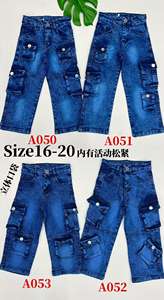 5,85 Dollar Modell YQ010 Größe 4-12 Jahre Blau-Graue Mädchen Gerade Cargo-Jeans mit Hoher Taille und Weitem Bein, Schneller Versand - Product Image 3