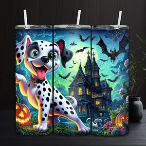 Bicchiere Personalizzato da 20oz a Tema Cane Dalmata per Halloween, Design Casa Stregata, con Cannuccia e Coperchio, Best Seller, Disponibile negli USA e Spedizione Gratuita - Product Image 1