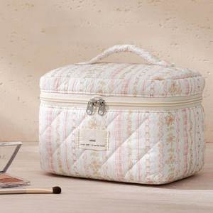 Large Quilted Makeup <b>Bag</b> Cute Cotton Travel Cosmetic <b>Bag</b> with HandlePortable Floral Make up <b>Bags</b> - Product Image 3