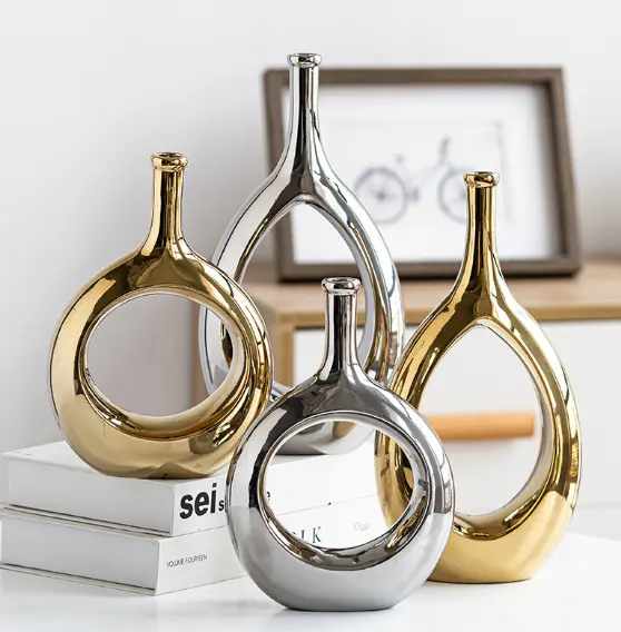 Altın yeşim halka İskandinav Modern stil gümüş seramik mobilyalar ofis otel dekoratif vazolar olabilir hidroponik cul