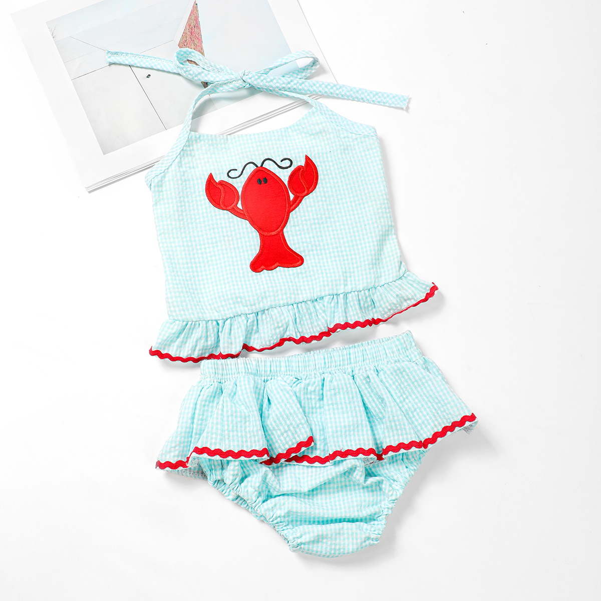 Baby Girl Seersucker Bathing Suits Children's Lobster Applique Swimsuit Bikini Summer Solid Pattern Two-Piece Swimwear for Girls