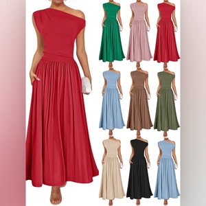 Robes longues d'été pour femmes, à épaules dénudées, sexy, couleur unie, avec poches, tendance - Product Image 1