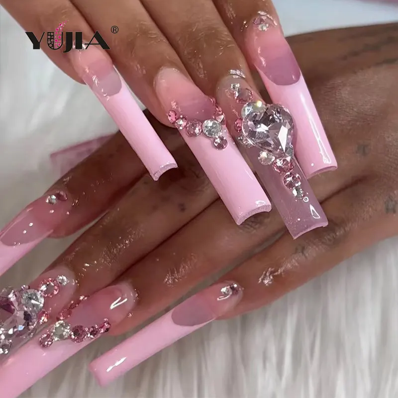 2022 nouveau motif à carreaux de couleur rose diamant de Style français de haute qualité à pression sur les ongles