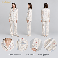 Ensemble pyjama deux pièces aspect satiné pour femme, imprimé ours, col boutonné, vêtements de détente, personnalisation OEM, vente en gros