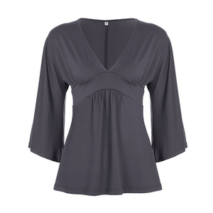 Camiseta Casual para Mujer al por Mayor, Color Sólido, Cuello en V, Cintura Ajustada, Manga Acampanada, Manga 3/4 - Product Image 6