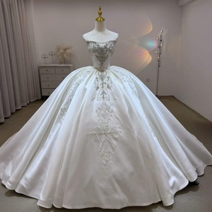 LSJJ138 Vestido de Novia de Gala con Manga Corta, Satén, Lentejuelas, Apliques de Cuentas, Cola de Corte y Largo hasta el Suelo - Product Image 1
