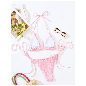 <span class=keywords><strong>Triangle</strong></span> deux couleurs Top Ties Details Basic Smocked Bikini Designer Swimwear Flower Details Maillots de bain - Product Image 6